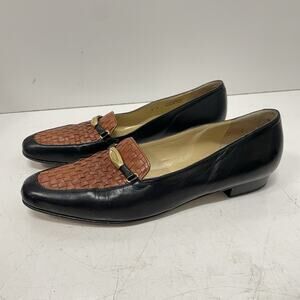 Vintage Bally Leather Woven Toe Black Flats Shoes Women's Venessa 8.5 N Italy